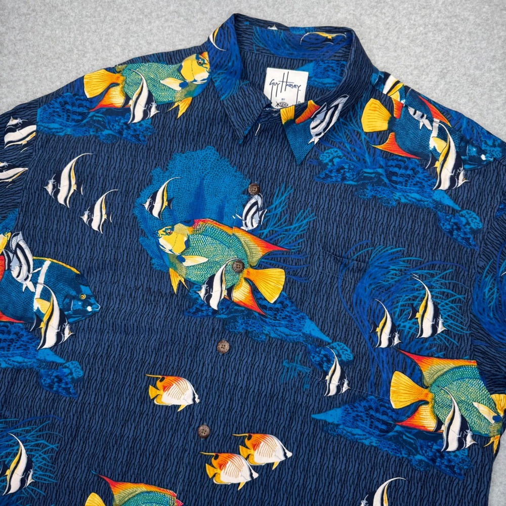 Guy Harvey AFTCO Bluewater Button Up Shirt Mens XL Blue Tropical Fish Rayon